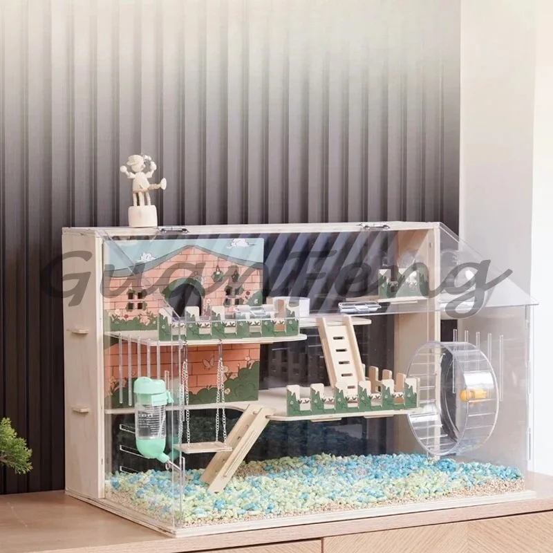 3-Layer Acrylic Hamster Roosting Cage, Ventilated Small Pet Enclosure, with Detachable Playground and Chew Toys
