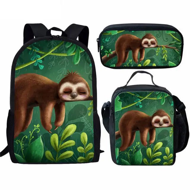 Tas sekolah 3 potong Sloth kartun, dengan kotak makan siang kotak pensil ransel gambar hewan bergaya untuk remaja perempuan laki-laki tas sekolah