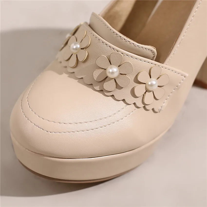 Sweet Green Flower Platform Pumps Women's High Chunky Heels White Pink Red Microfiber Party Dress Lady Slip On Round Toe Loafers view 6