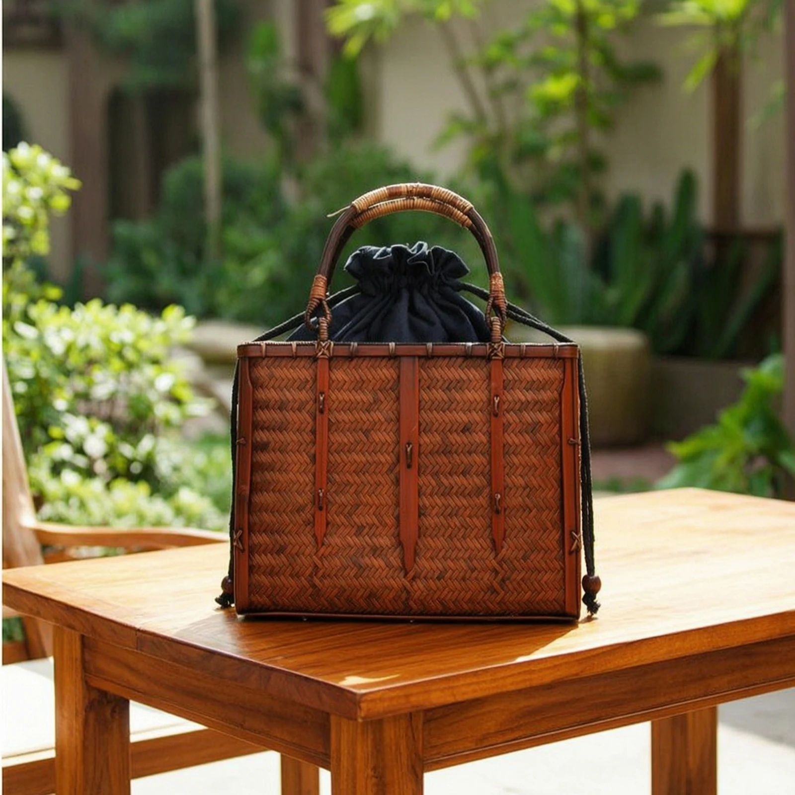 Bamboo Carry Box Handmade Woven Handbag with Handle Bamboo Handbag Sturdy Bag Versatile for Tea Storage, Gift Presentation