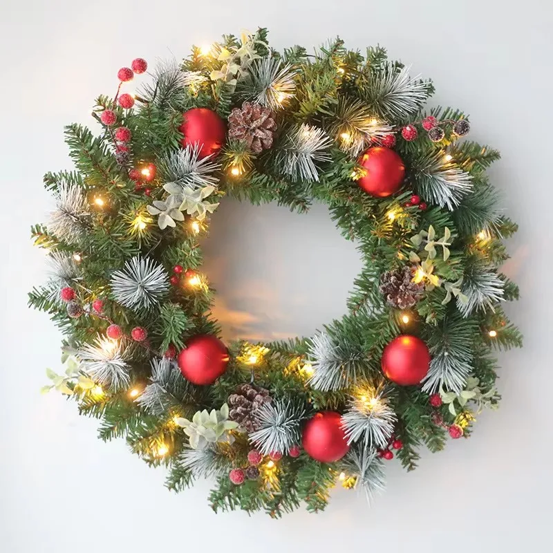 Elegant Red Christmas Wreath LED PVC Red Fruit Christmas Wreath Window Door Wall Ornament Decorations Home Halloween Decor Gifts