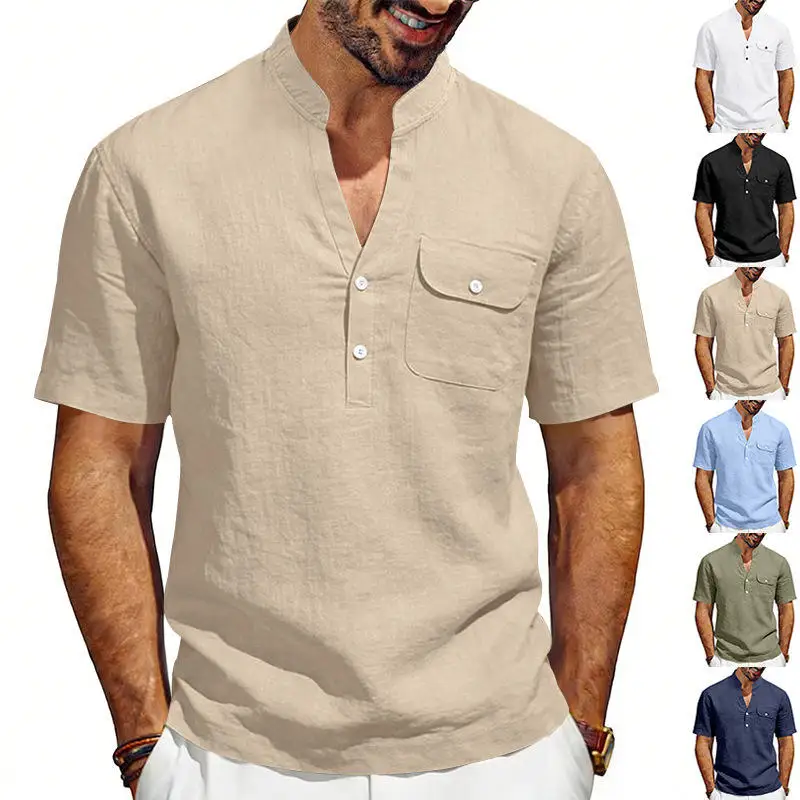 

New 2026 Men's Casual Short Sleeve Button down Shirt Henry Top Linen Material Comfortable Spring Summer Fashion Male Clothing