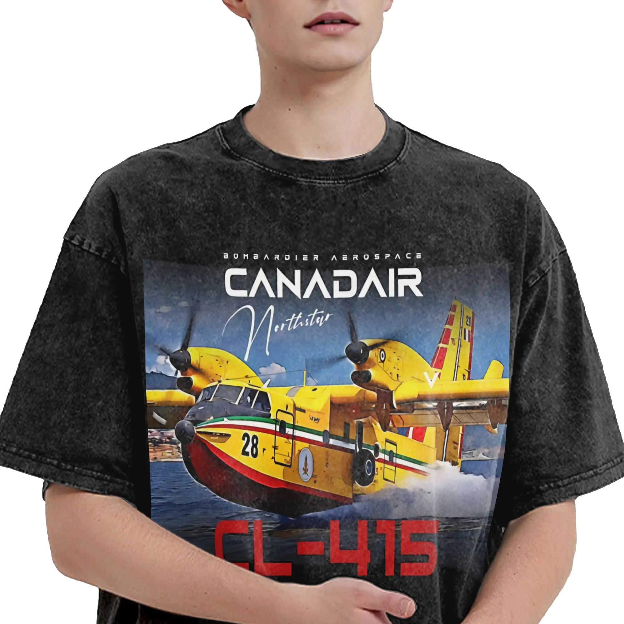 Canadair cl-415 Super Scooper firebomber Aircraft  T Shirts Hip Hop Washed Cotton Harajuku T-Shirts Men Women Streetwear