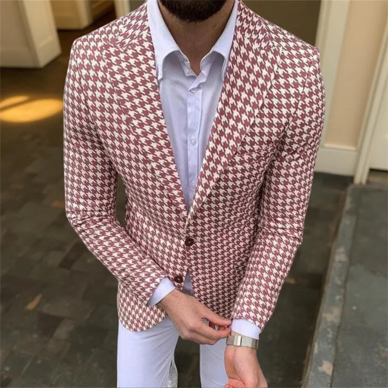 Men's Houndstooth Blazer 1 Piece Peak Lapel Male Suit Jacket Slim Fit Man Fashion Check Casual Business Blazers for Prom Party