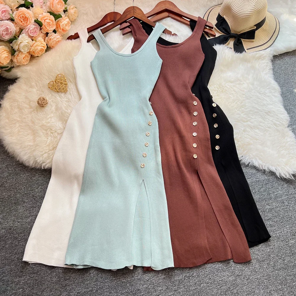 Elegante moda sexy pacchetto fianchi bottoni spaccati abito estivo donna sottile elastico aderente abito dal carro armato streetwear abiti da donna