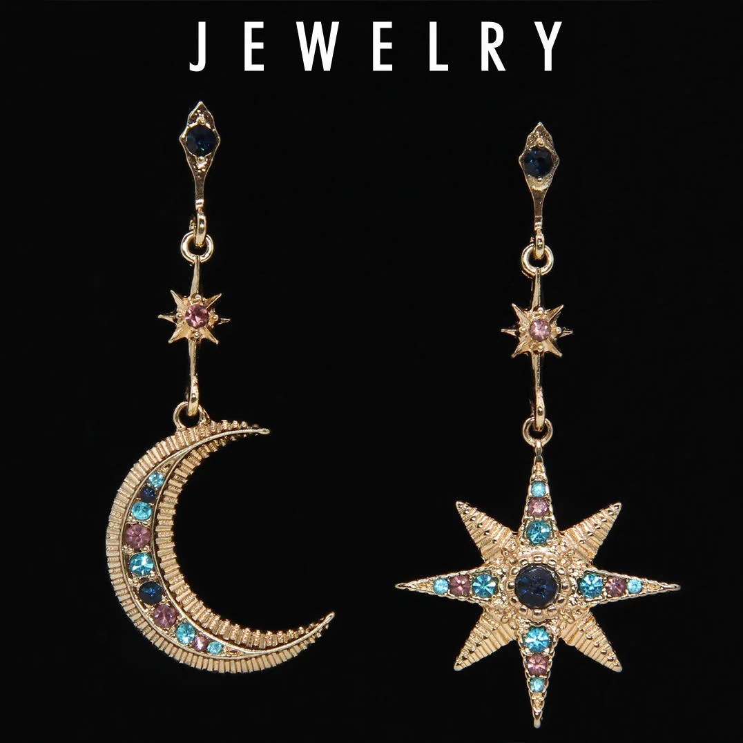 Exaggerated Luxury Sun Moon Stars Drop Earrings Boho Vintage Punk Asymmetrical Rhinestone Earrings For Women Jewelry