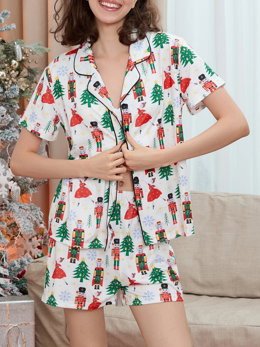 Women's Christmas Sequin Nutcracker Pj Set Y2k 2 Piece Satin Short Set Graphic Print Silk Short Set Matching Lounge Set