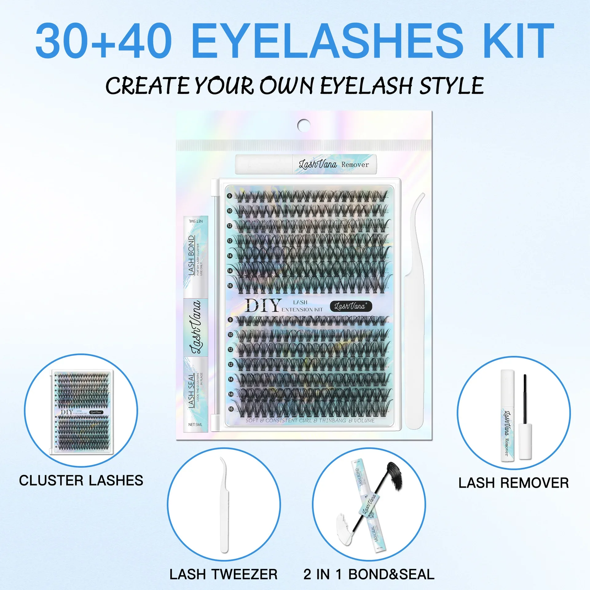 DIY Eyelash Extension Kit 30D/40D Wispy Fluffy Cluster False Eyelashes with Individual Lashes And Applicator Tools Fluffy Look