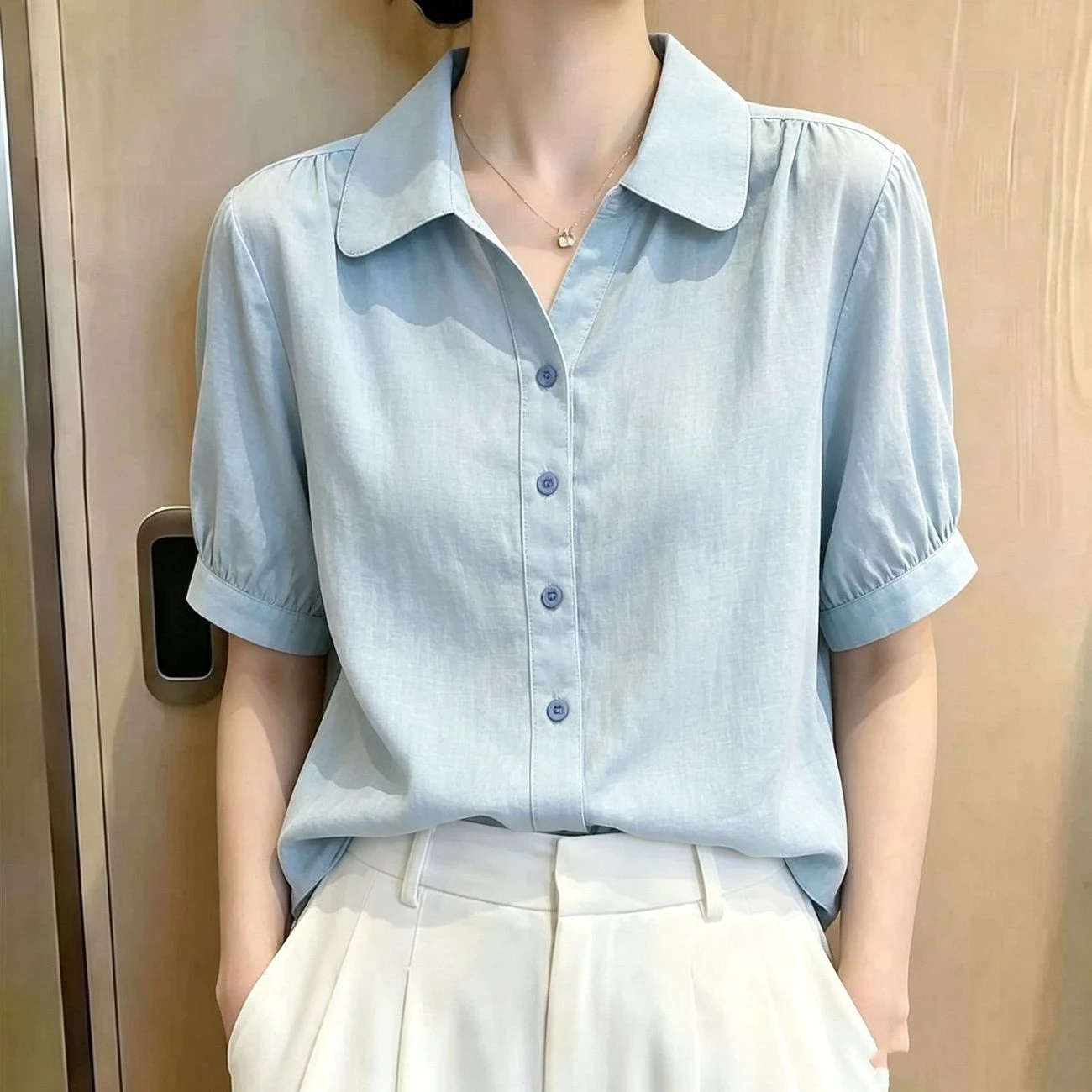 Vintage Fashion Jersey - Chic Short Sleeve Bubble Sleeve Shirt