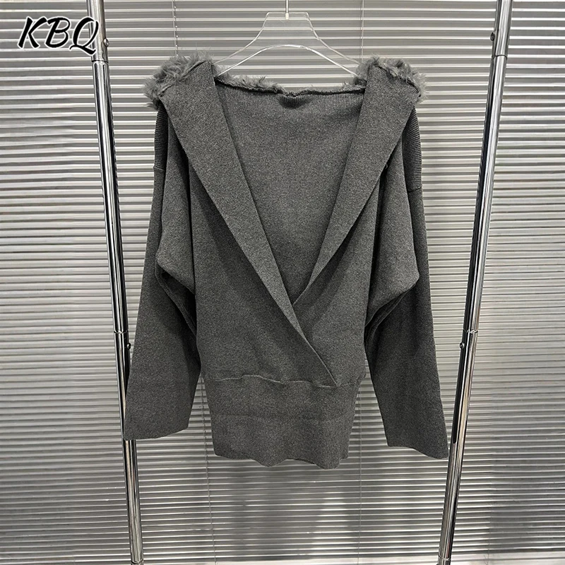 

KBQ однотонный свободный свитер с перьями для женщин, длинный свободный вязаный свободный свитер с лацканами в корейском стиле, короткий топ, женская мода, зима