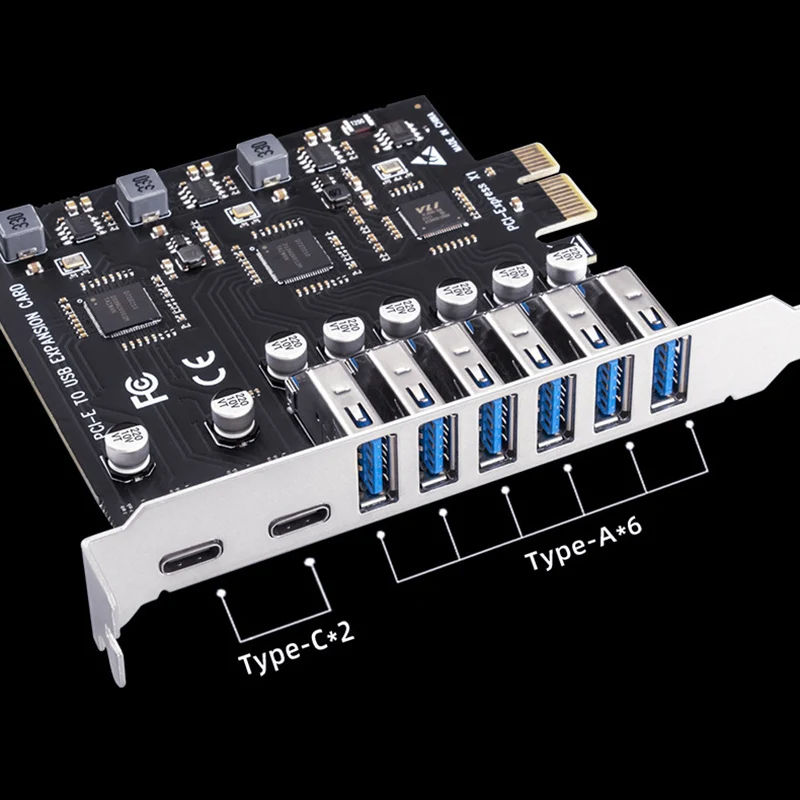 PCIE to USB3.2 Type C Convert Card  6 Ports USB A 2 Ports USB C to PCI-E X1 X4 X8 X16 Convert Adapter PC Front Panel Expand Card