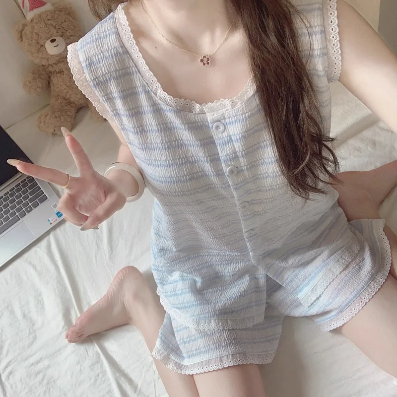 Women's Summer Pajamas with Bra Pads Made of Modal Featuring Korean Style Small and Fresh Stripes with a Strapless Short Pants A