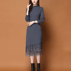 Velvet and Thickened Winter Women's Solid Color Half High Neck Lace Lace Knitted Long Sleeved Dress Multi Color Casual Dress