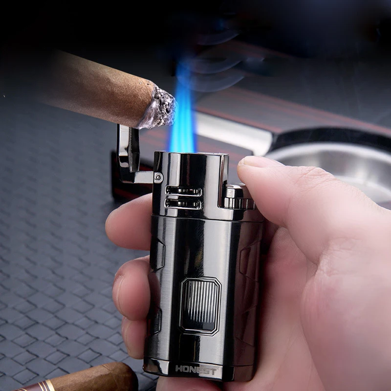 HONEST Metal Multifunctional Outdoor Windproof Butane Gas Lighter Turbo 3 Torch Blue Flame Straight Cigar Lighter Men\'s Gift