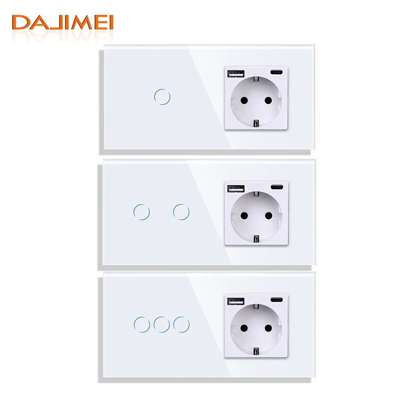 

DAJIMEI Type-C Interface Outlet Single Double EU Socket USB with Wall Light Touch Switch 1/2/3Gang 1Way White Glass Panel