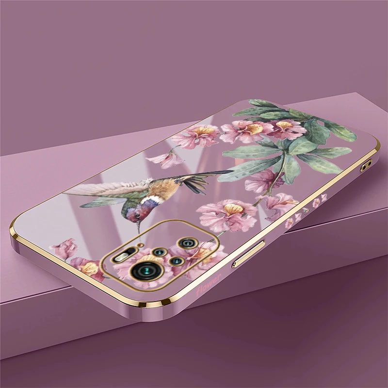 Fashion Floral Case For Xiaomi Redmi Note 7 7S 8 9 Pro Max 9S 9T 10 Pro Max 10S 10 4G 5G 10T 5 Cute Bird Plating Soft Cover