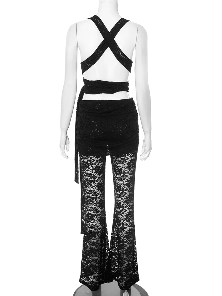 

Weird Puss Jacquard Women 2 Piece Set Thin Summer Trend Backless Bandage Cross Tank Tops+Skirts Pants Matching Clubwear Outfits