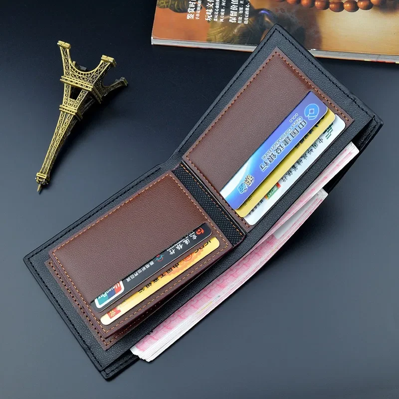 Men's Short Fashionable Thin Wallet Multi Card Cross Pattern Wallet Spot Large Capacity Business Soft PU Leather Wallet