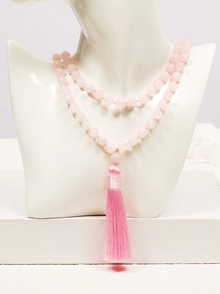 8 mm Rosenquarz-Perlen, geknotet, 108 Mala-Halskette, Meditation, Yoga, Gebetsschmuck, Japamala-Rosenkranz für Frauen – Detail 1