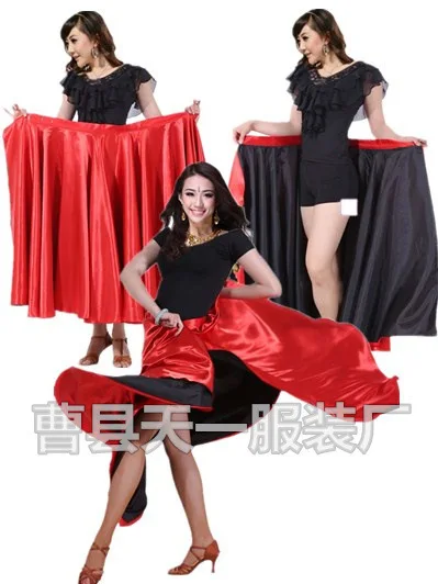 Performance Dancing Clothing Women Red Black Hook Loop Spanish Flamenco Skirt Plus Size Female Gypsy Girls Satin Silk Dress