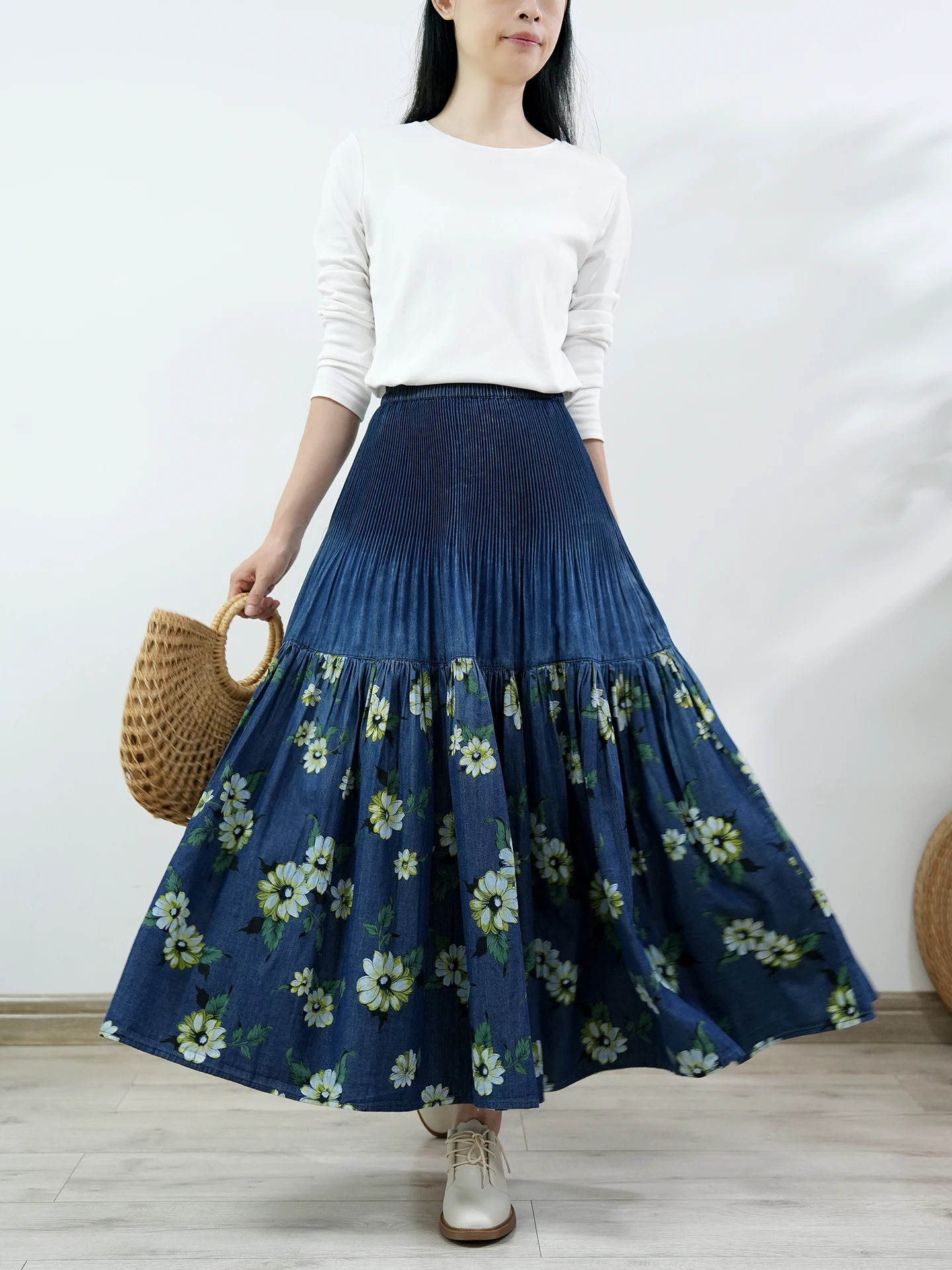 TIYIHAILEY Long Maxi Women Elastic High Waist Spring Summer Denim Skirt Lady Printed A-Line Patchwork Pleated Blue Jeans 2026