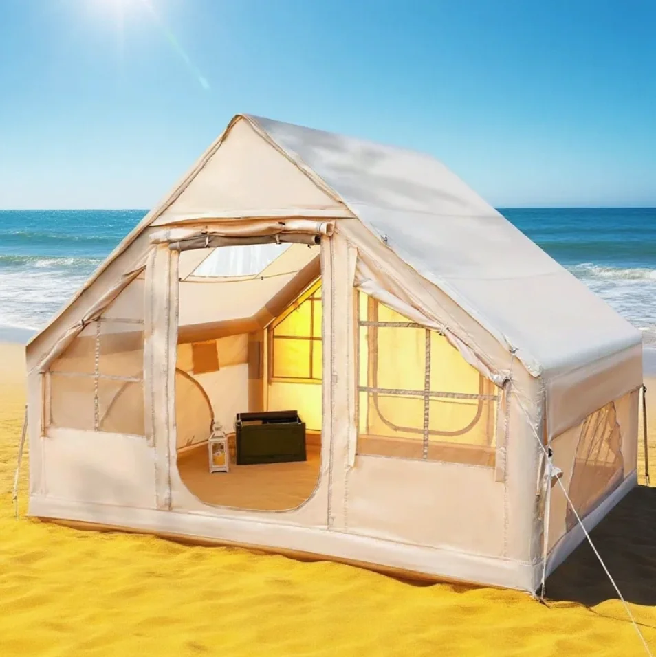 

Easy Setup Outdoor Glamping Tent Inflatable Design for 3-4 Person Camping Aluminum Poles One Bedroom