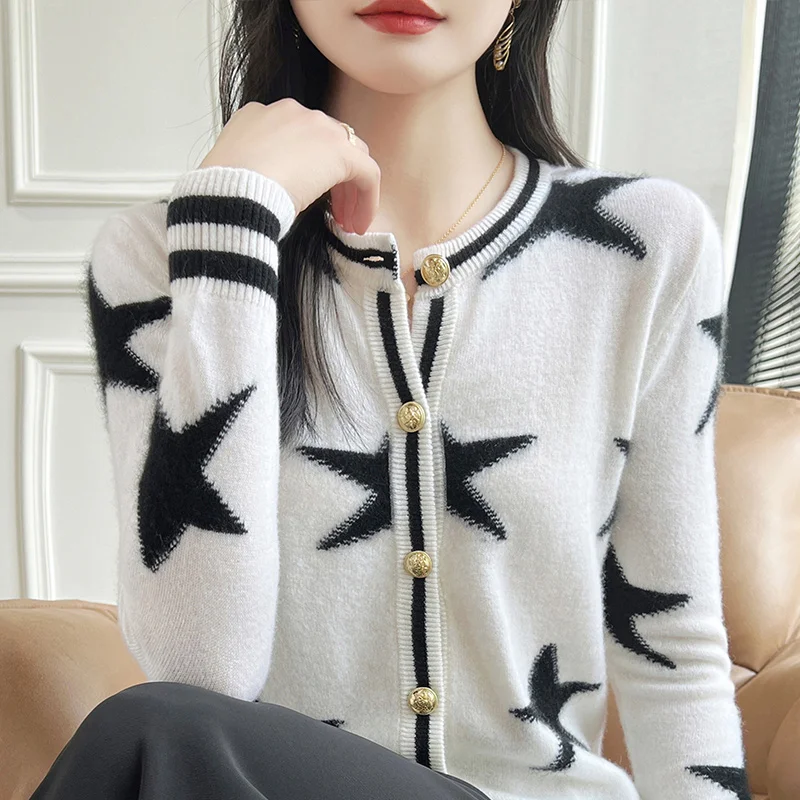 100% Pure Wool Sweater Cardigan Coat 2024 Autumn/Winter New Women\'s Round Neck Knit Cashmere Top Korean Fashion Loose Outerwears