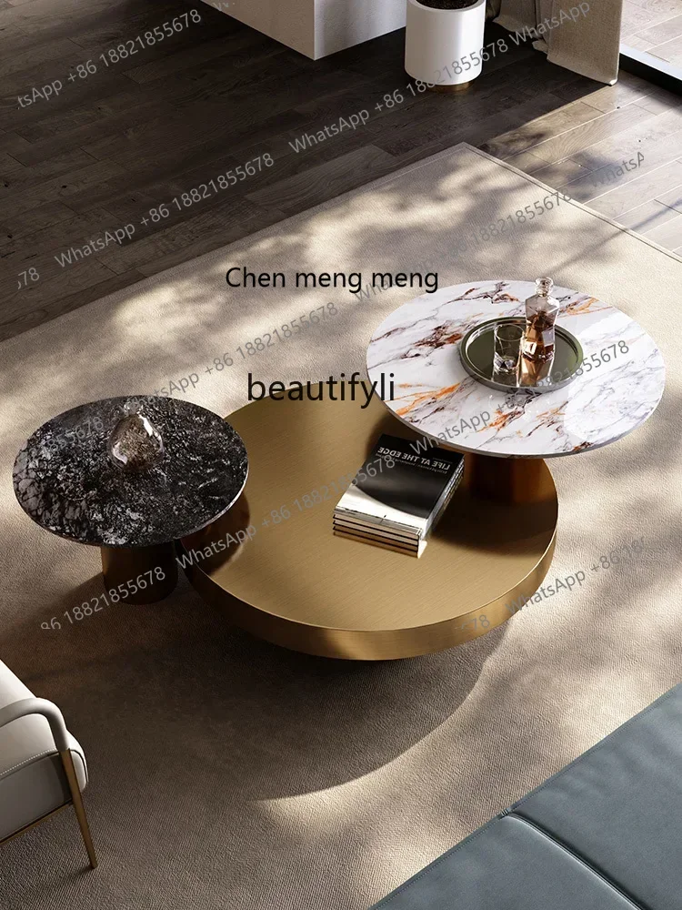X لوحة حجرية إيطالية حجم طاولة القهوة مزيج ضوء دائري غرفة المعيشة الفاخرة ما بعد الحداثة الحد الأدنى الفولاذ المقاوم للصدأ