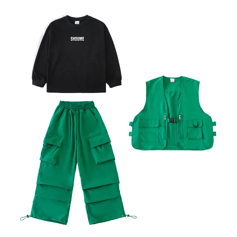 Trajes de baile de Hip Hop para niños adolescentes, traje verde, chaleco, Tops, pantalones Cargo, traje de rendimiento de Jazz, ropa de Hip Hop moderna para niños, ropa de escenario