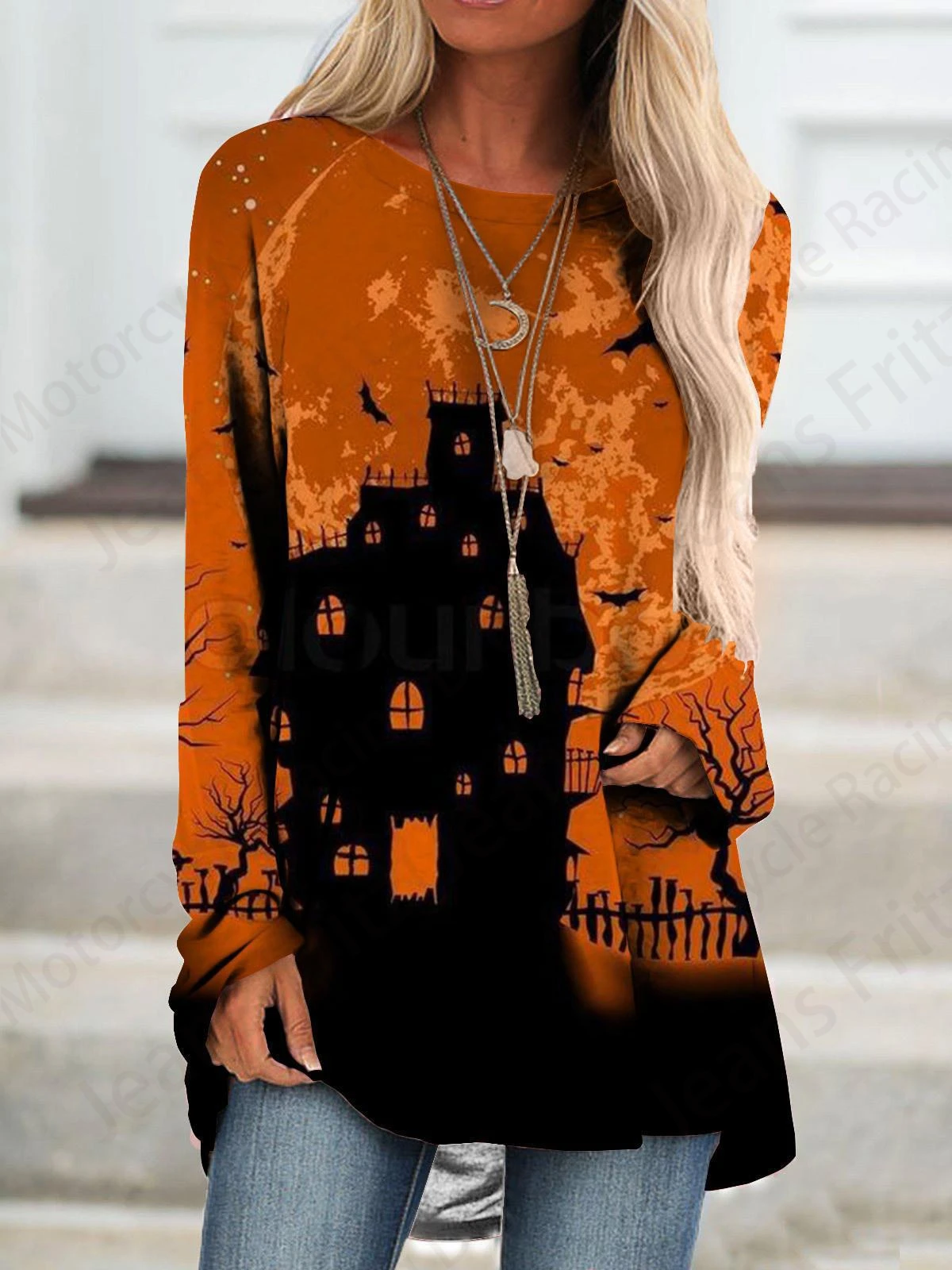 Halloween 3d Print Long Sleeve T-shirt Women Fashion Crewneck Long Tunic Tops Women Falls Pumpkin Clothing Femme Tops Y2k Style