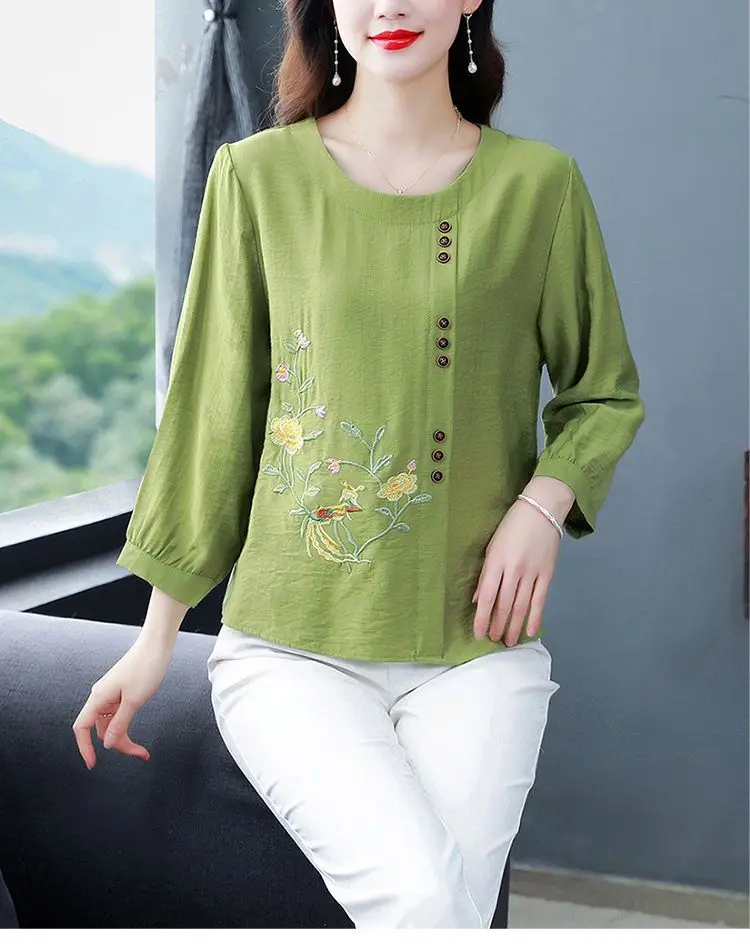 Simplicity Office Lady Summer Women\'s Solid O-Neck Embroidered Button Temperament Casual Versatile Loose 3/4 Sleeve Shirts Tops