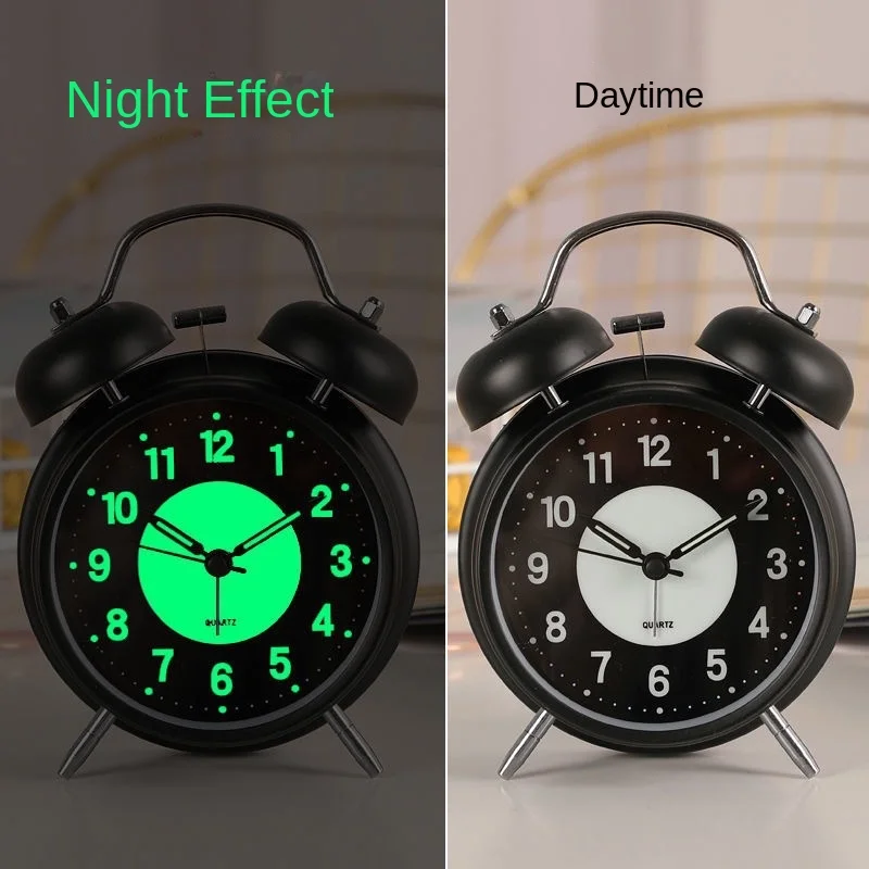 

4-Inch Metal Bell Alarm Clock Luminous Bedside Table Little Alarm Clock round Large Alarm Mute Scanning Clock