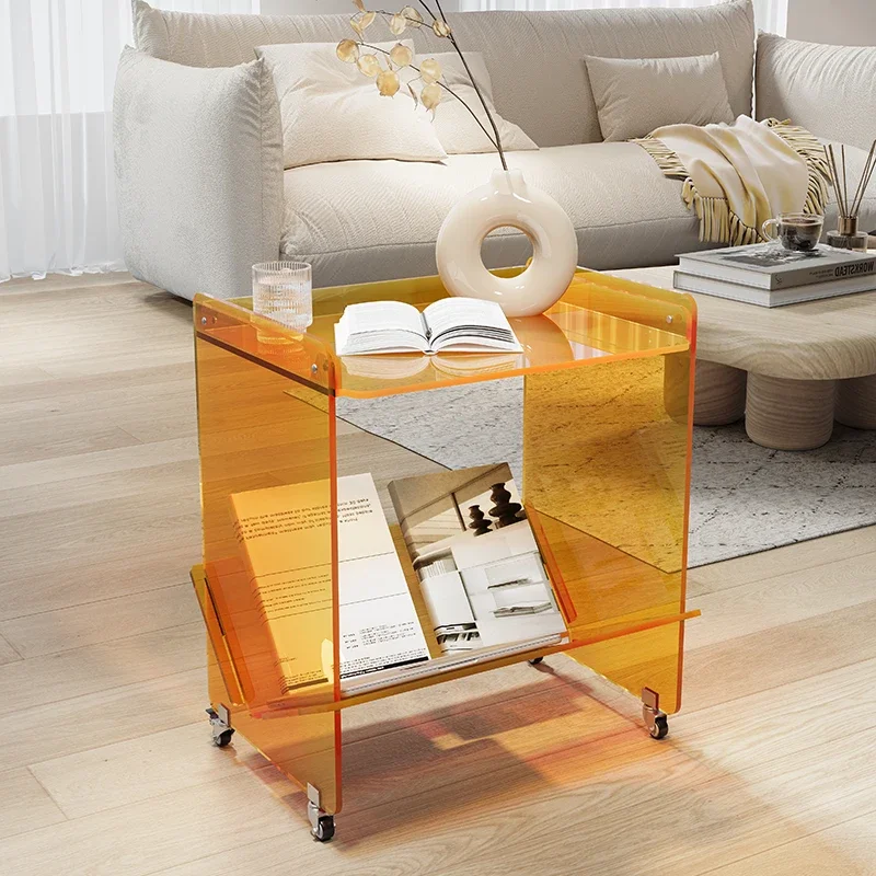Tavolino mobile creativo in acrilico trasparente, carrello portaoggetti, divano, armadietto laterale, tavolo ad angolo, portaoggetti, lato camera da letto