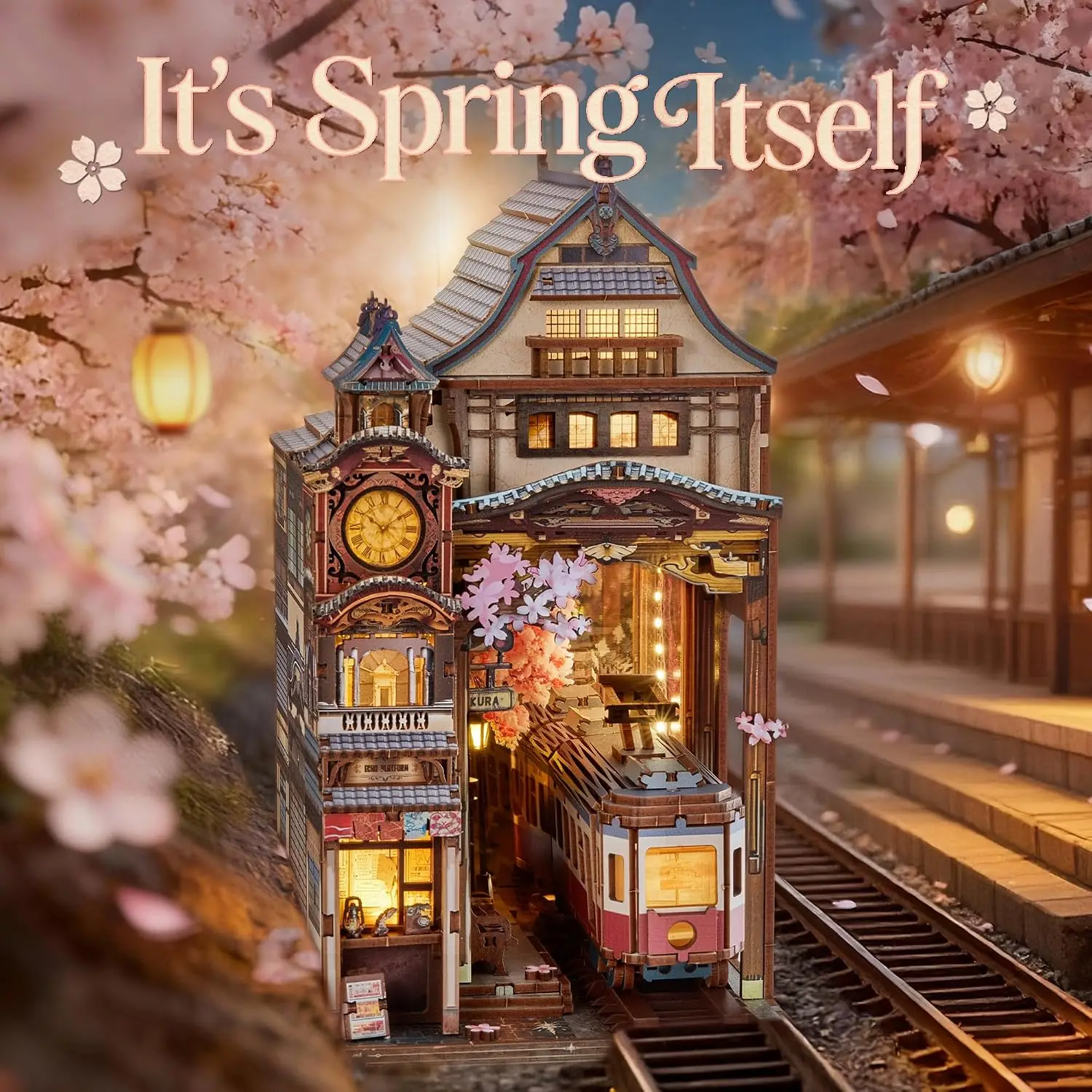 Sakura Train Book Nook Kit – LED 3D Wood Puzzle with Infinity Mirror – DIY Bookshelf Decor, Miniature Craft Gift for Adults