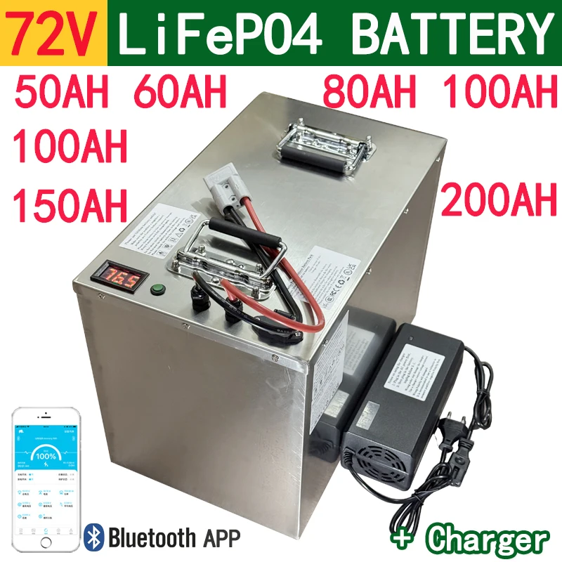 72V 50Ah 60AH 80AH 100AH 120AH 150Ah 200AH LifePo4 Lithium Battery, Golf Cart, Electric Vehicle Bluetooth support +Charger