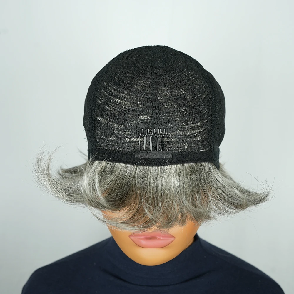 باروكات شعر طبيعي مفرود قصير للنساء شعر برازيلي بقص عابث لون رمادي باروكات من شعر طبيعي مع غرة مصنوعة آليًا تم قطعه مسبقًا