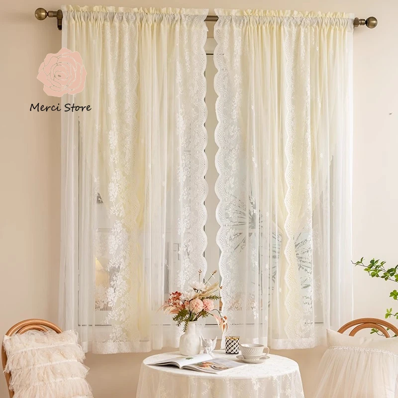 

French Light Luxury Double Layer Yarn Cream Lace Gauze Curtains for Girls Bedroom Bay Window Translucent Nontransparent Drapes