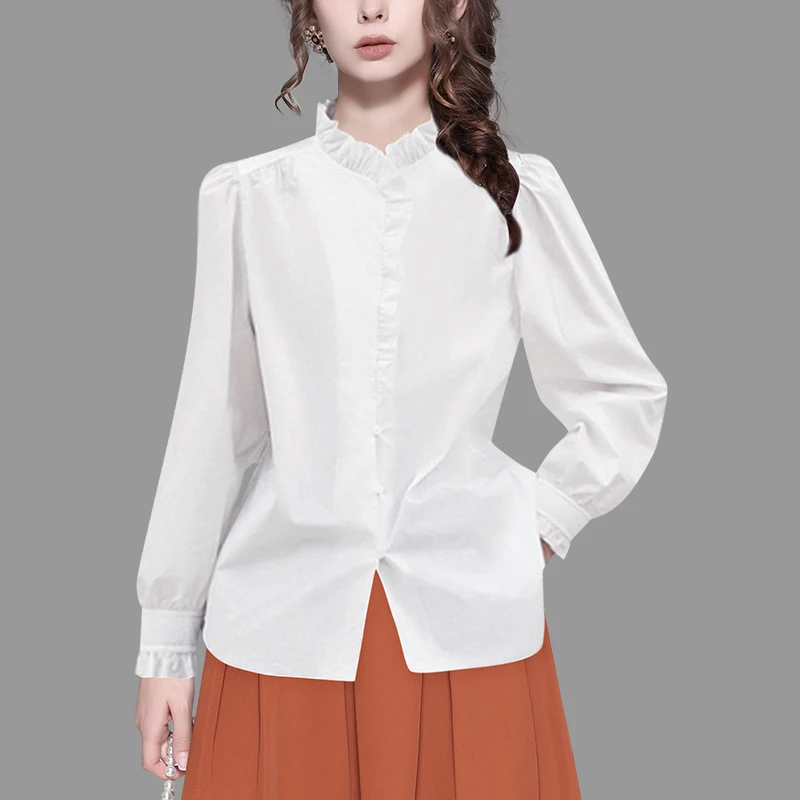 Fashion Women' Spring Summer White Cotton Blouse Long Sleeve Ruffled Collar Tops Loose Plus Size Office Ladies Shirts