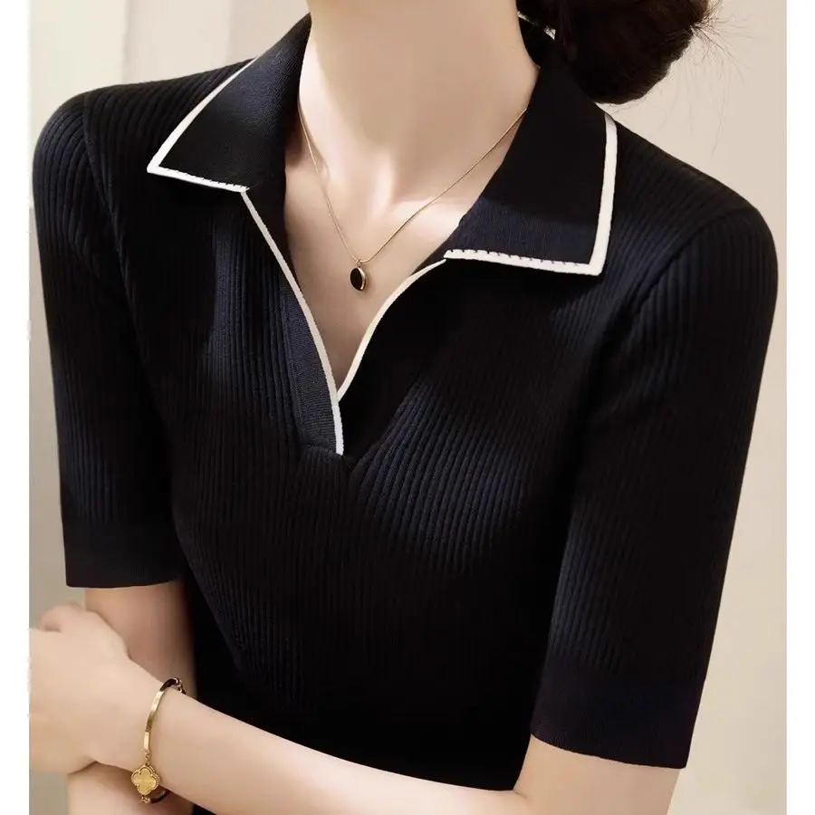 Summer New Patchwork Polo Neck Knit T-Shirt Women's Shirts Golf Shirt Loose Black Base Ladies Tops Thee Shirt Femme Pink Green