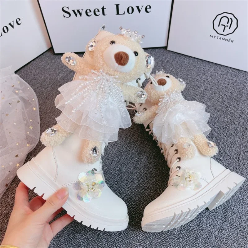 Kids Boots 2021 Autumn Winter For Girls Knee High Boots Fashion Cute Cartoon Bearl Chelsea Children Shoes Thick Sole Platform