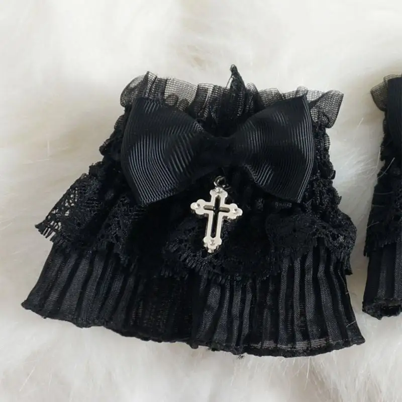 

270D Elegant Lace Wrist Cuff False Sleeves Bowknot Jabot Costume Accessory Dark Ruffled Brim Crosses Wristband