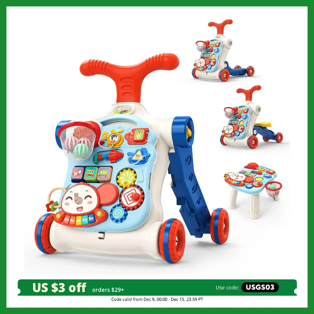 CUTE STONE 5-in-1 Baby Boy Walker, Sit-Stand Push Activity Center, Toddler Walking Toy,