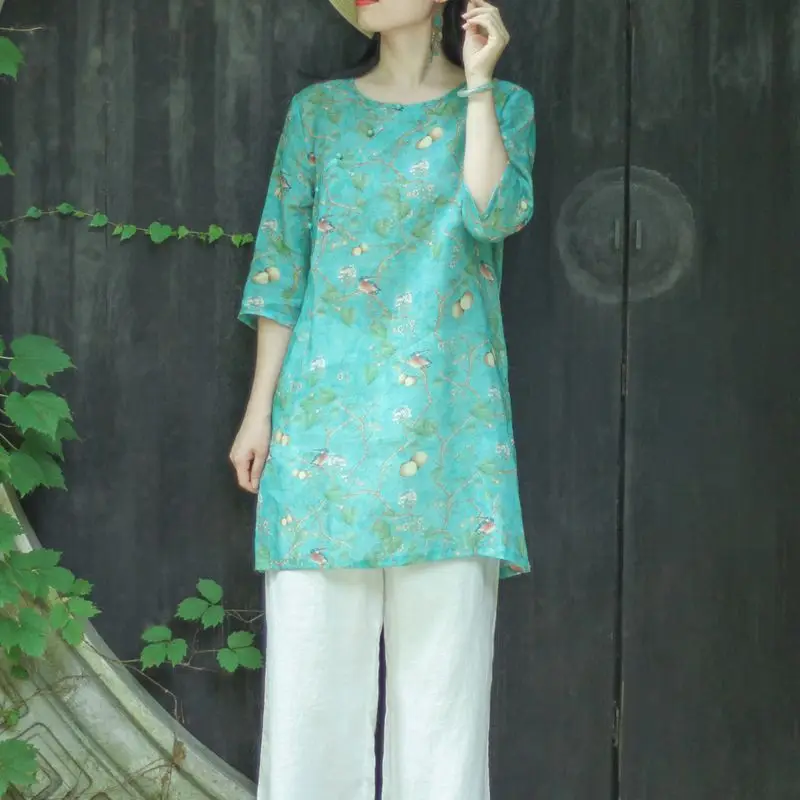 

Элитный женский топ Nian Jiangnan из хлопка и льна с принтом, свободного кроя, с круглым вырезом, в стиле дзен, с пуговицами, художественный дизайн, миди-длина