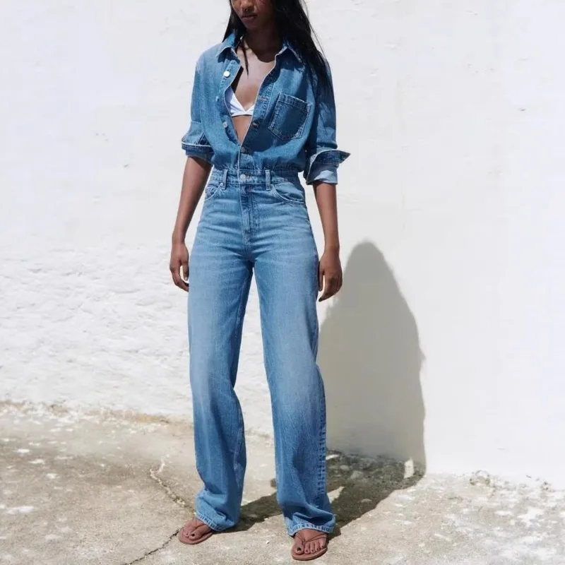 

New Women's Lapel Jumpsuit Fashion Spring Autumn Casual Denim Straight Pants Female Denim Jumpsuit