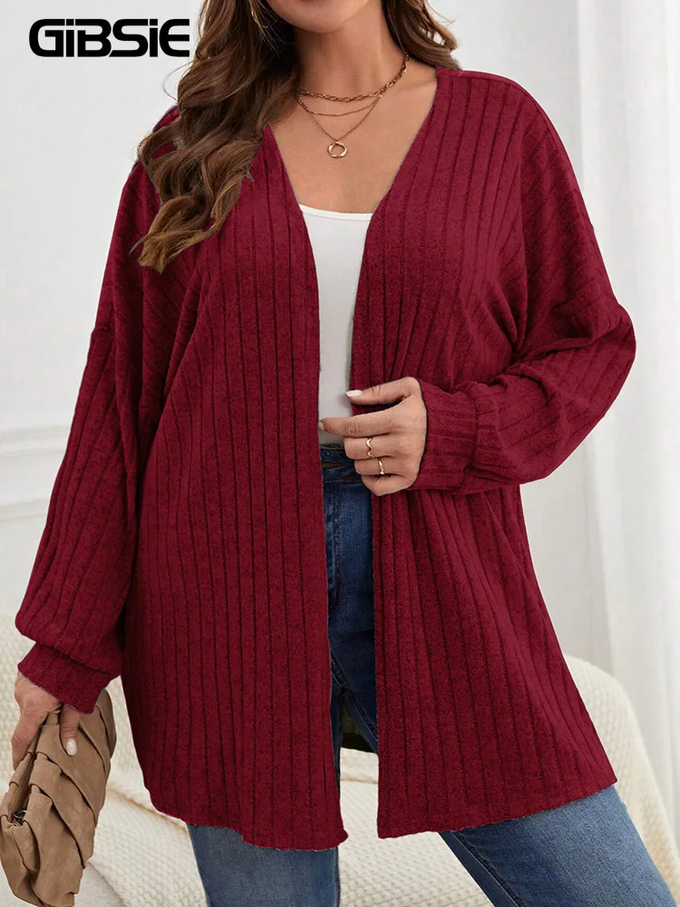 GIBSIE Plus Size Autumn and Winter New Solid Color Loose Cardigan Women Casual Long-sleeved Open Front Knitted Coat Women's 2024