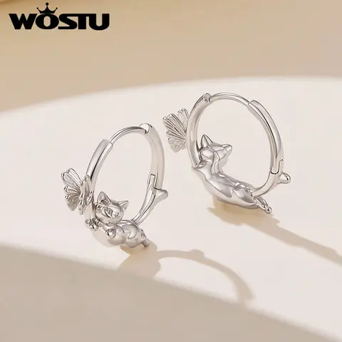 Wostu Cat Butterfly Hoop Earrings Environmentally Copper 925 Sterling Silver Post Hypoallergenic Earring for Women Trend Jewelry