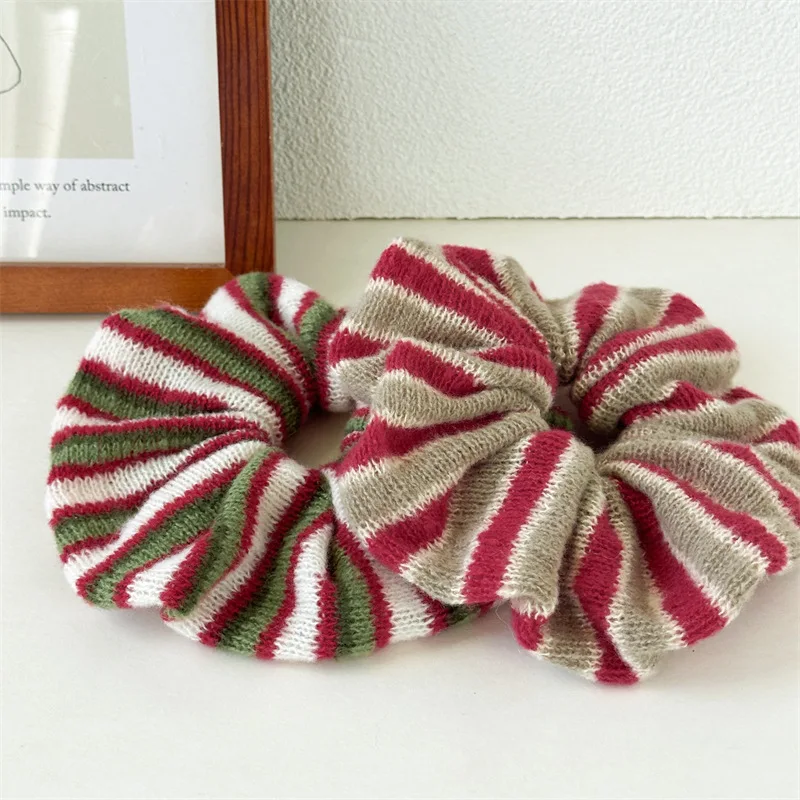 رباط شعر كوري محبوك بخطوط متباينة كبيرة للخريف والشتاء، حبل شعر أنيق، شريط مطاطي، زهرة راقية