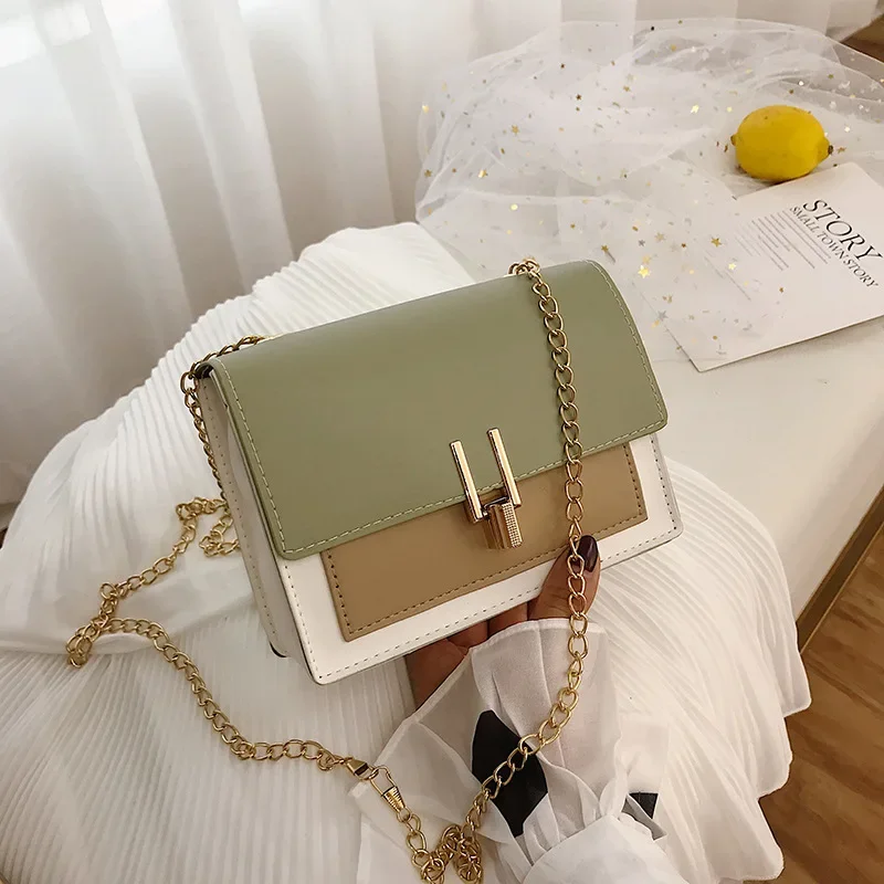 

Fashion Small Women All-match Chain Shoulder Ladies Hit Color Stitching Bag Messenger Bag PU Mini Square Bag Purse