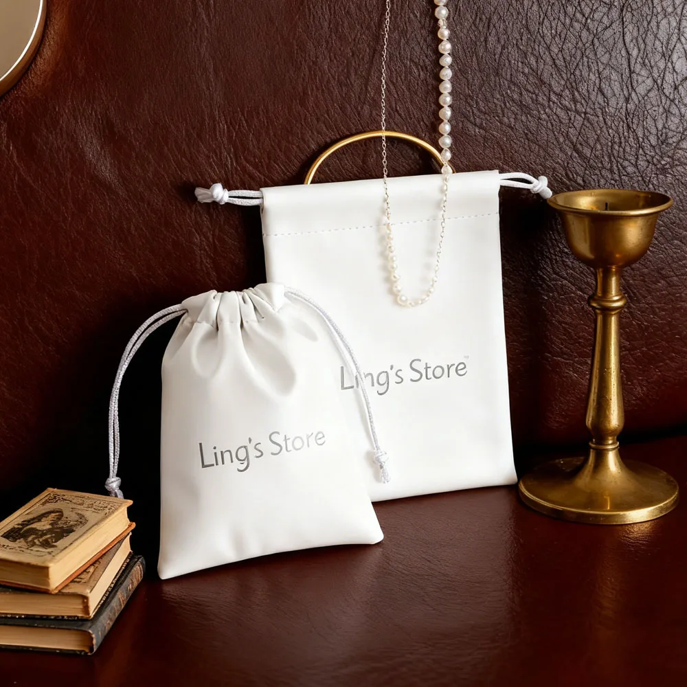 

50/100Pcs Custom Logo White Jewelry Leather Bag Wedding Gift Ring Earrings Candy Chocolate Pouch Portable Travel Storage Pocket
