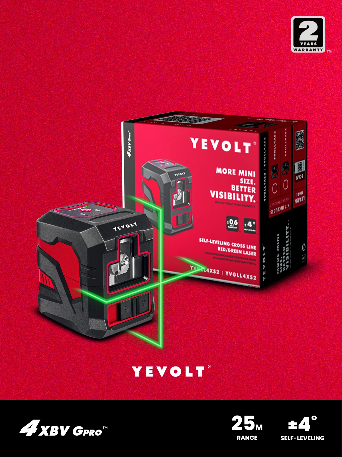 

YEVOLT YVGLL4XS2 Green Cross Line Laser Level 2-Line Self-leveling Measuring Tools Construction Machine High Precision Nivel